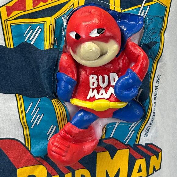Vintage Bud Man 3D T Shirt Mens M Medium White 80s Beer Budweiser Anheuser Busch - Picture 9 of 13